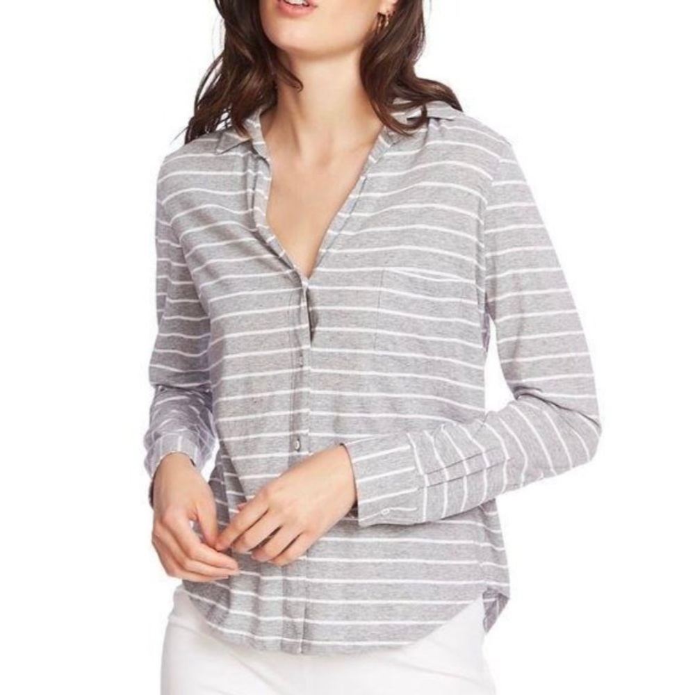 Court & Rowe Classic Stripe V-Neck Cotton Button Front Long Sleeve Top NWT